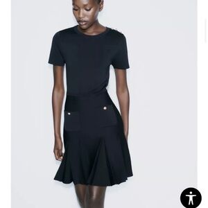 Zara NWT Navy stretch knit mini dress Box pleat skirt gold accent buttons XS
